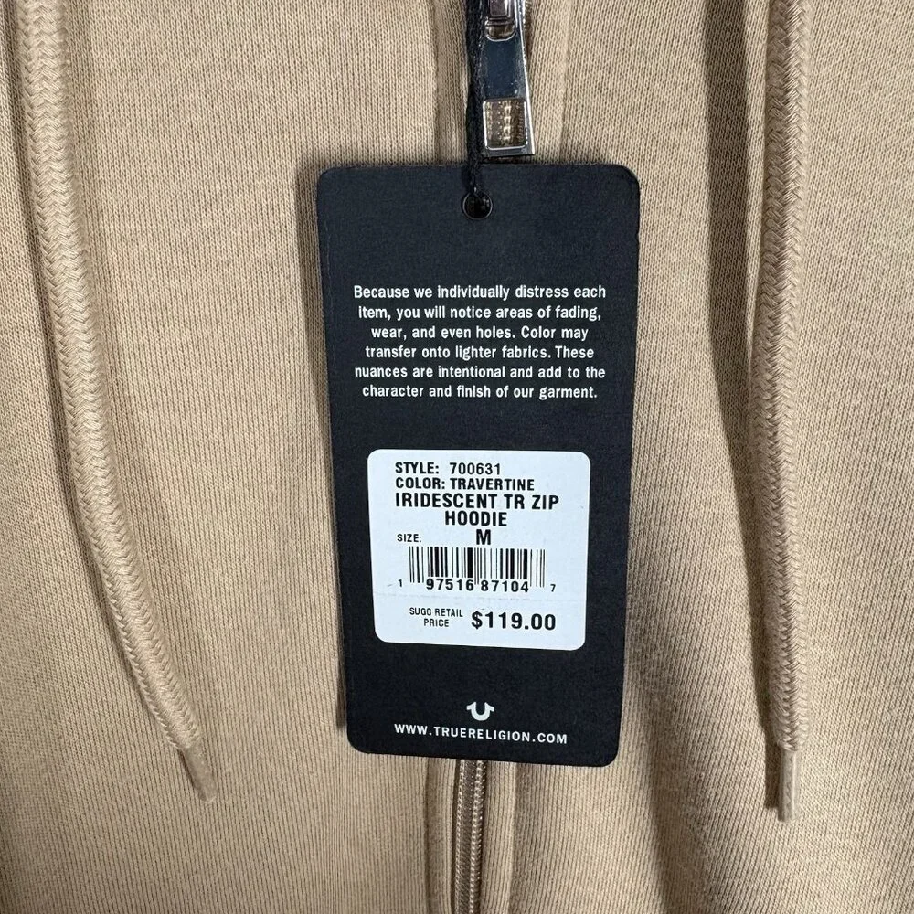 True Religion Men M Travertine Tan Fleece Y2K 90s Iridescent Logo Zip Hoodie NWT